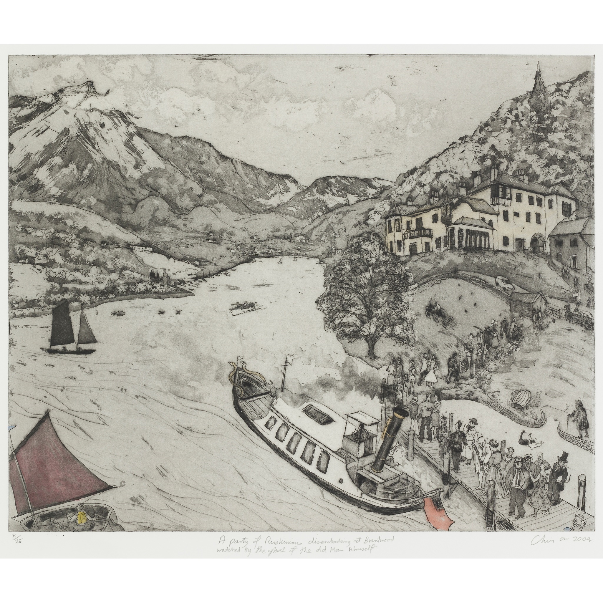 Artwork by Chris Orr, A PARTY OF RUSKINIANS DISEMBARKING AT BRANTWOOD WATCHED BY THE GHOST OF THE OLD MAN HIMSELF, Made of Etching with hand colouring