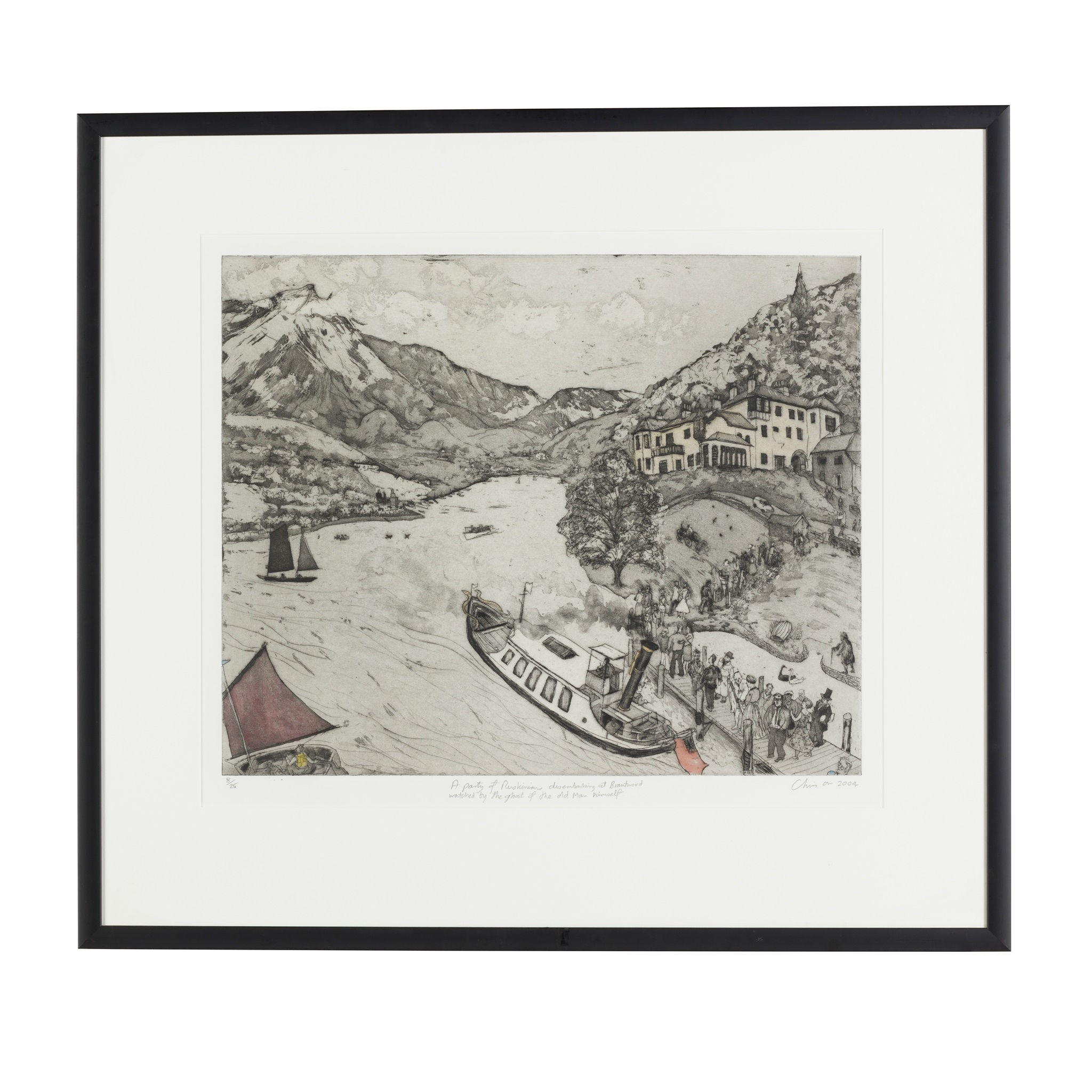 Artwork by Chris Orr, A PARTY OF RUSKINIANS DISEMBARKING AT BRANTWOOD WATCHED BY THE GHOST OF THE OLD MAN HIMSELF, Made of Etching with hand colouring