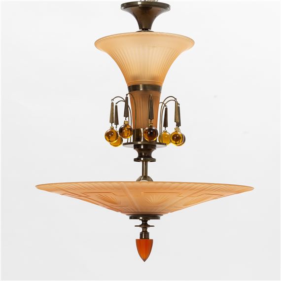 Harald Notini, a model '6658' glass and brass ceiling light, Arvid Böhlmarks Lampfabrik, 1930's.