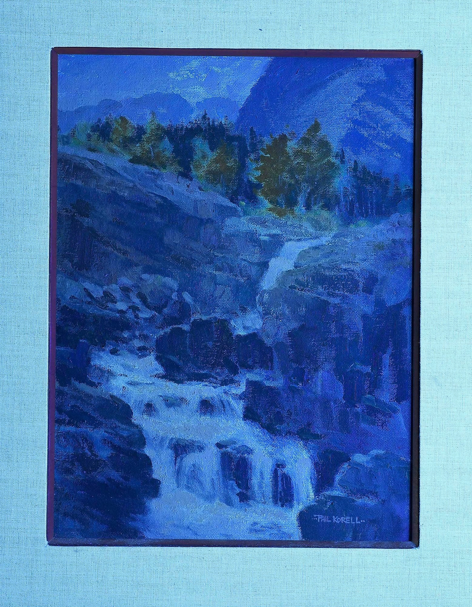 Artwork by Phil Korell, artist label verso, Made of oil on Masonite