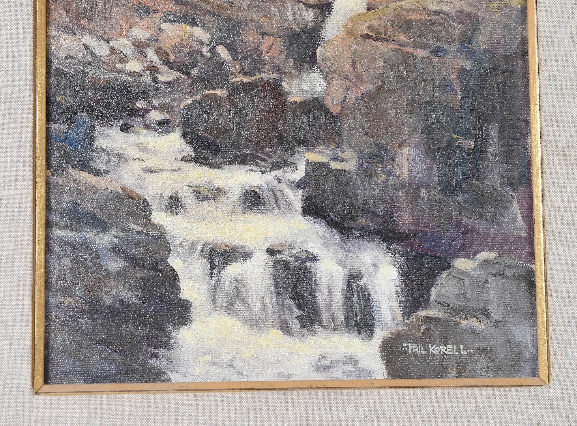 Artwork by Phil Korell, artist label verso, Made of oil on Masonite