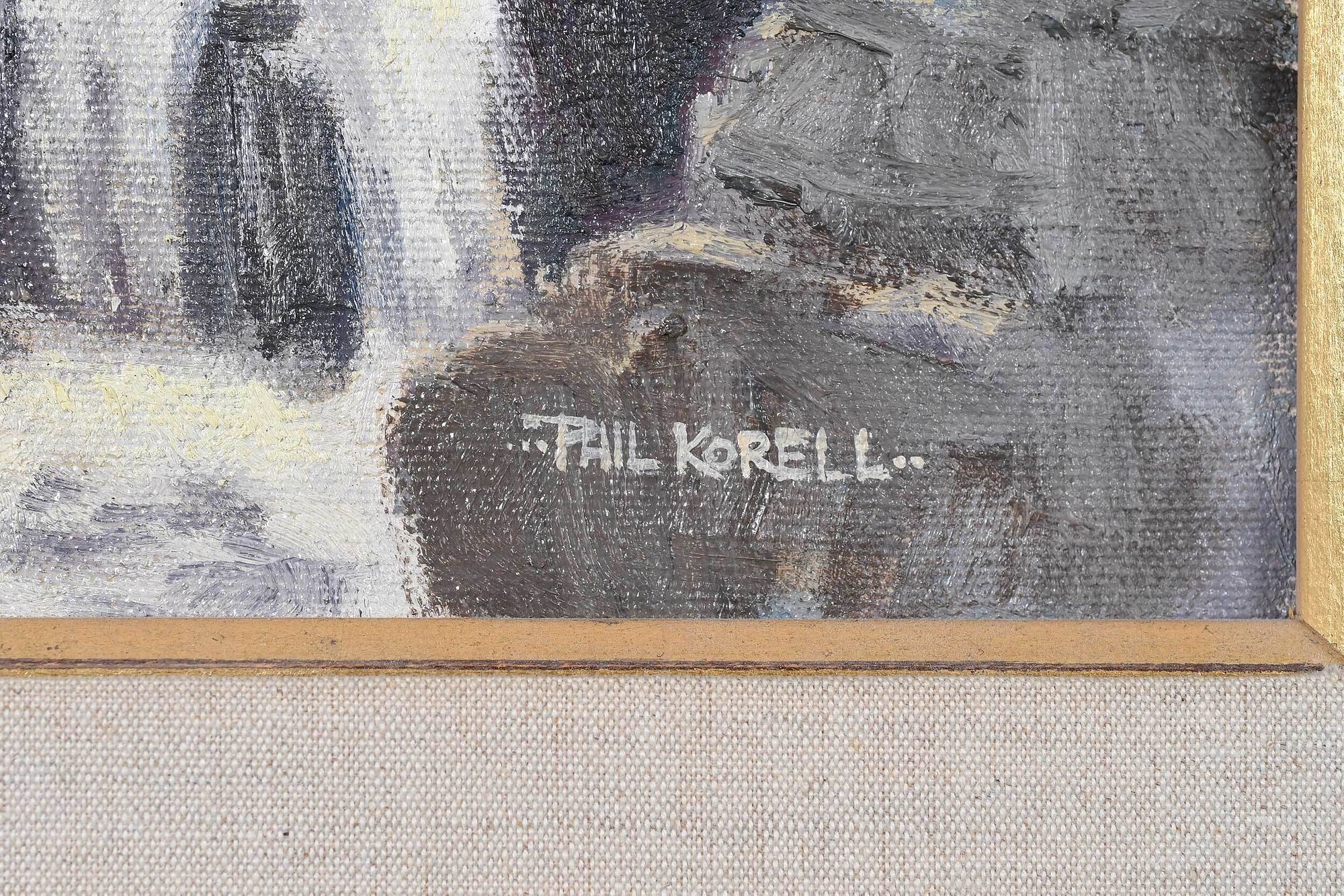 Artwork by Phil Korell, artist label verso, Made of oil on Masonite
