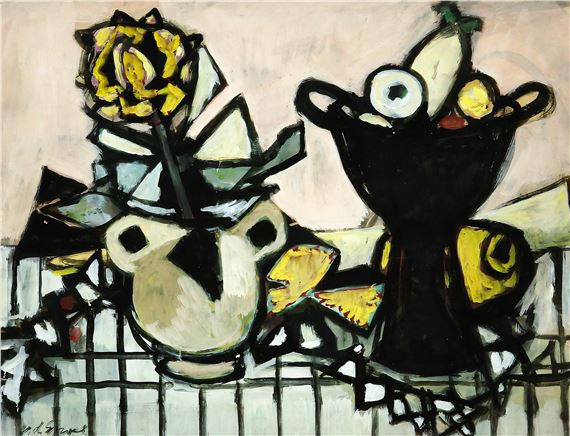 Still life with flower and fruit - Hens van der Spoel