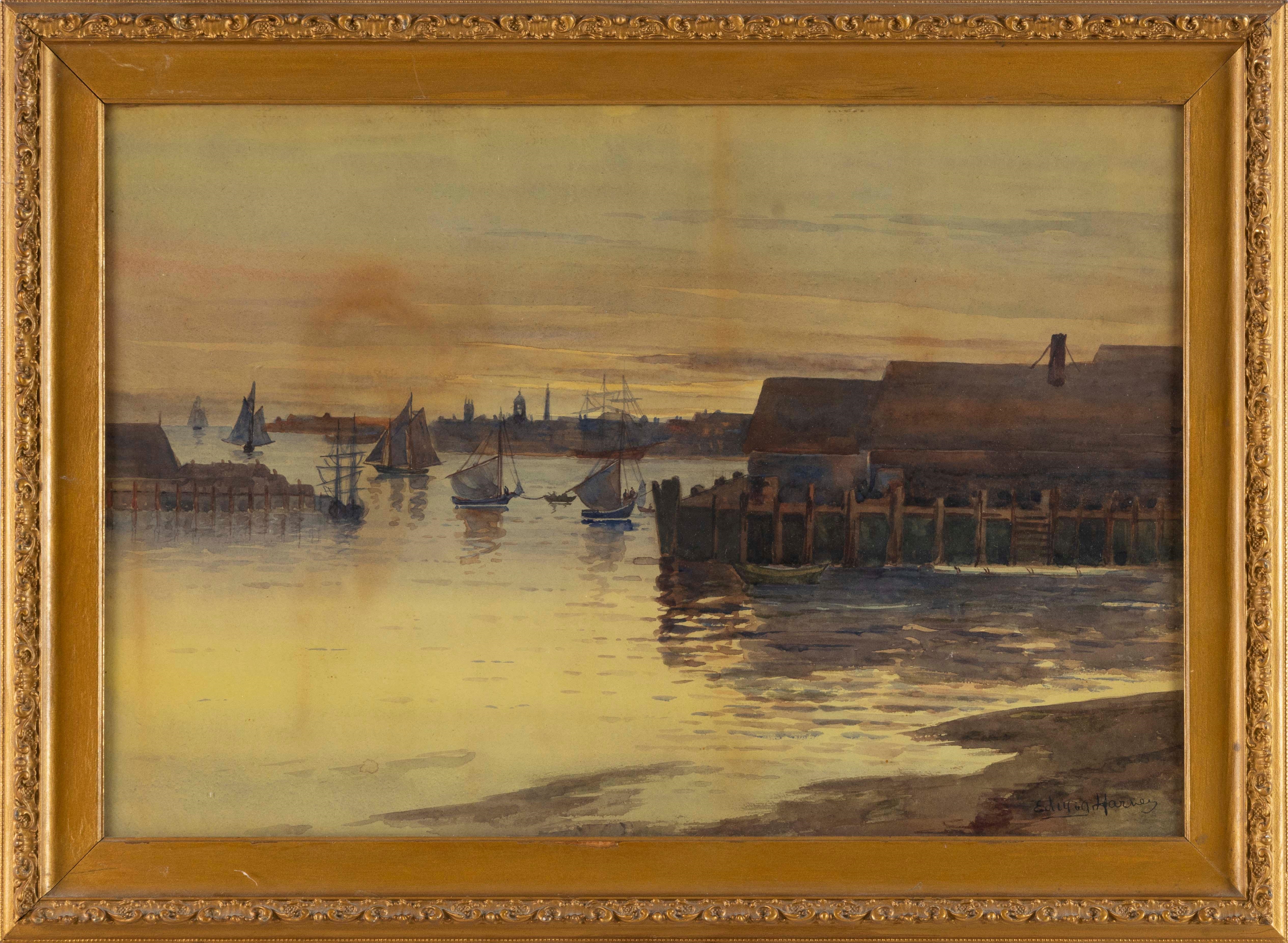 Artwork by Edward A. Harvey, Sunset over the harbor., Made of Watercolor on paper