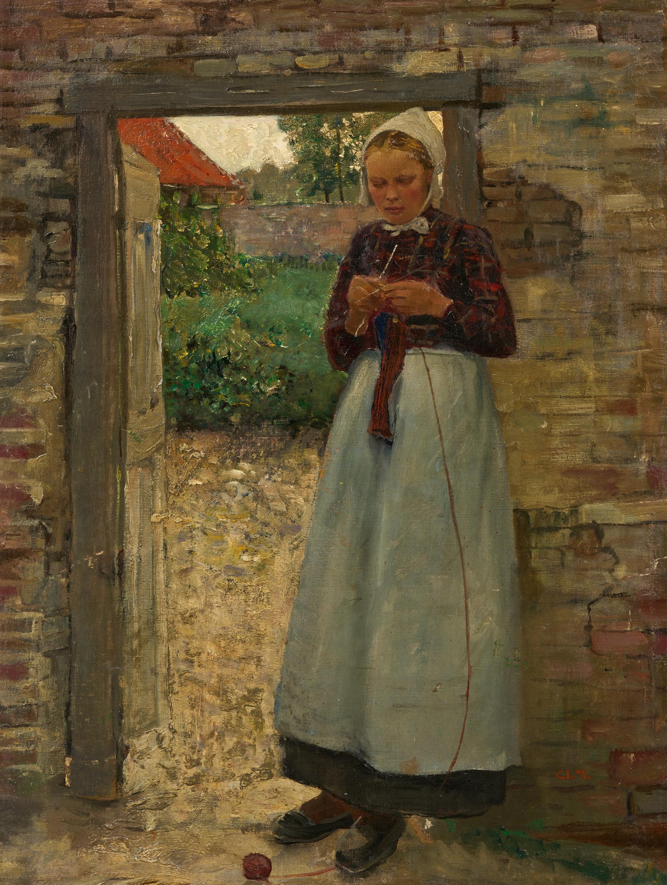 Artwork by Claus Meyer, Strickendes Mädchen.