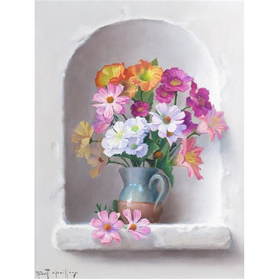 Still life of Cosmos, Geraniums, Alstromeria and Nasturtiums in a jug within a niche