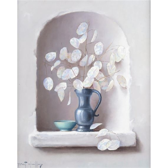 Still life of Honesty in a pewter jug within a niche