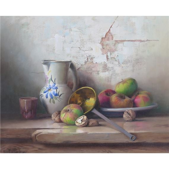 Still life of apples and walnuts with a jug on a ledge by Robert Chailloux