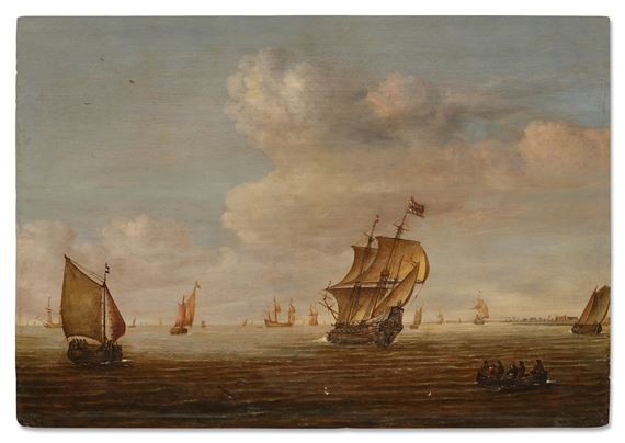 Coastal scene with a three-master and other vessels sailing in light winds by Jochum de Vries
