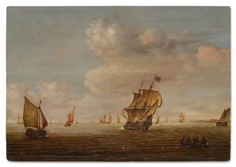 Coastal scene with a three-master and other vessels sailing in light winds - Jochum de Vries