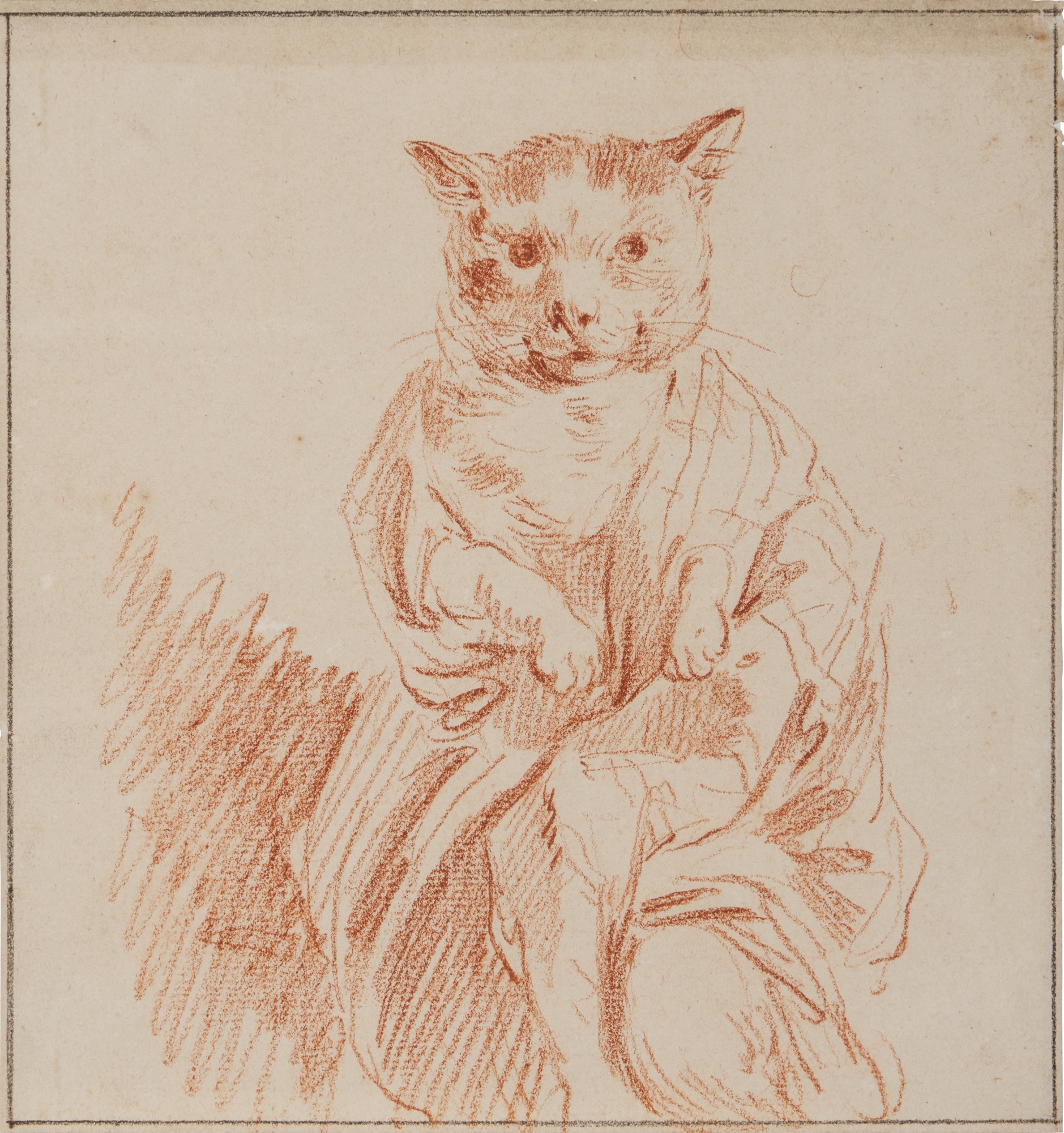 Artwork by Jean-Honoré Fragonard, Two studies of cats: A) Le chat emmailloté B) Le chat étendu, Made of red chalk