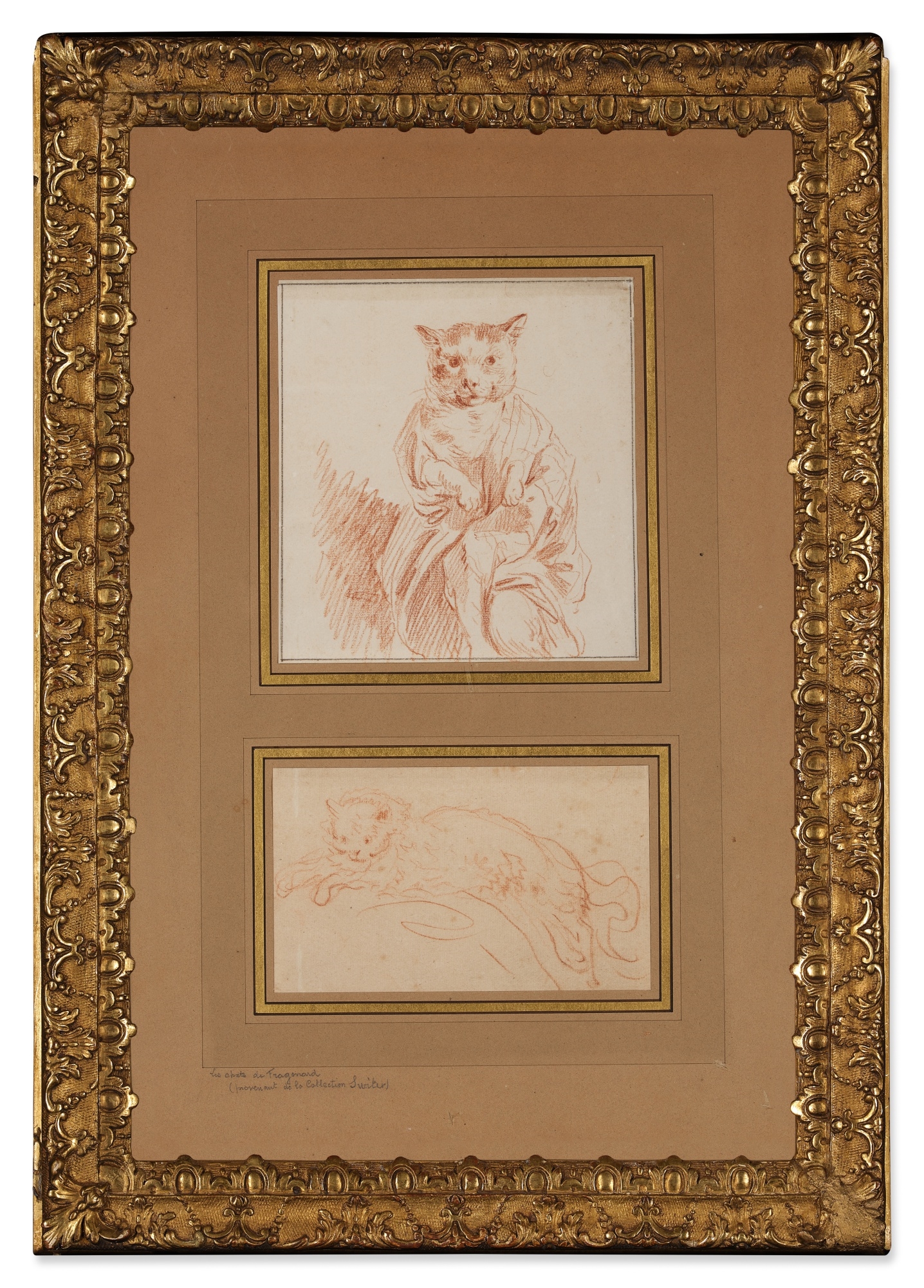 Artwork by Jean-Honoré Fragonard, Two studies of cats: A) Le chat emmailloté B) Le chat étendu, Made of red chalk