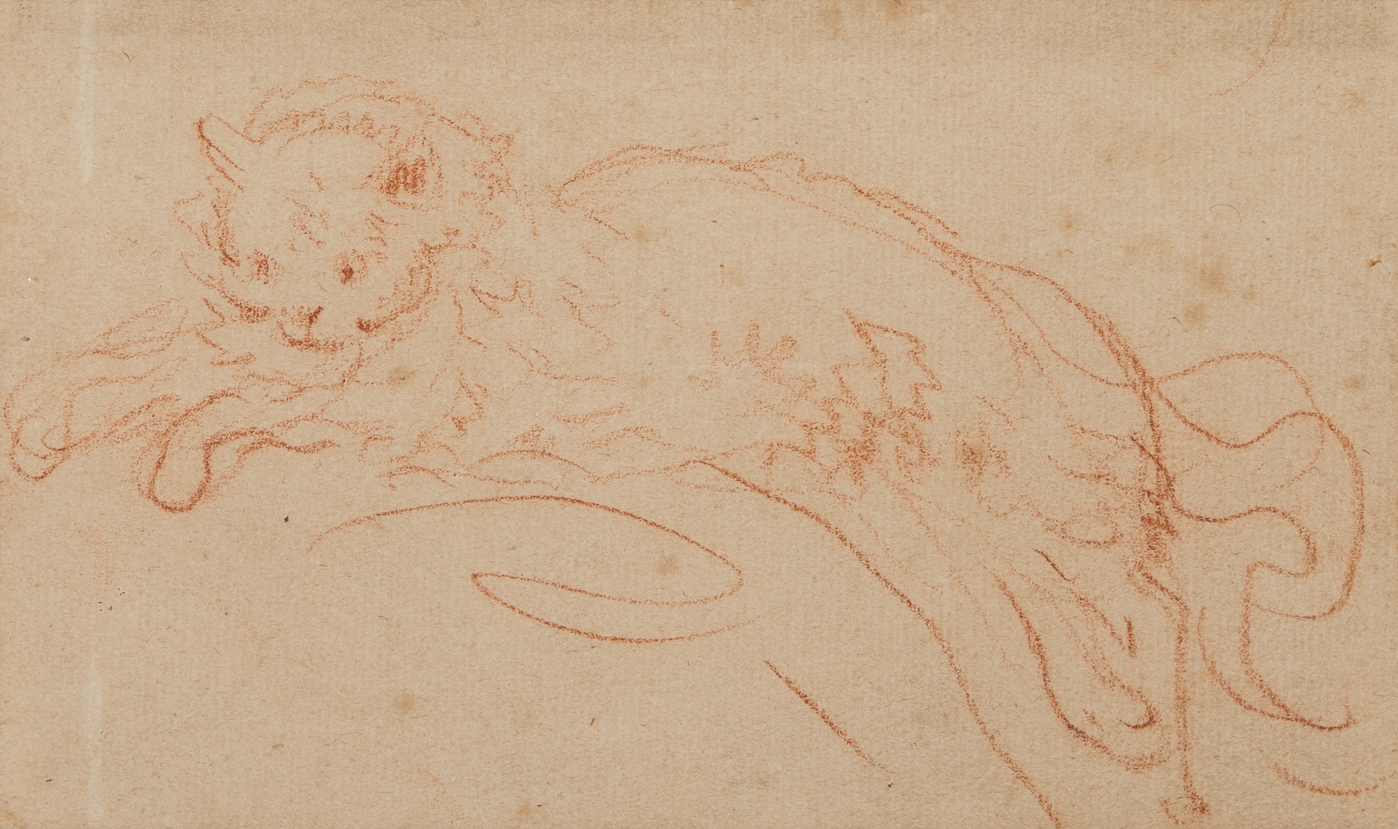 Artwork by Jean-Honoré Fragonard, Two studies of cats: A) Le chat emmailloté B) Le chat étendu, Made of red chalk