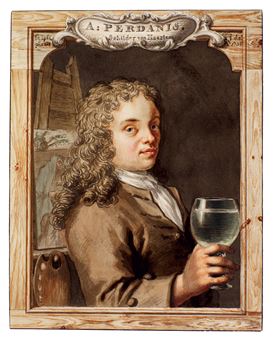 Portrait of Abraham Perdanis holding a glass of wine, in a drawn frame - Tako Hajo Jelgersma