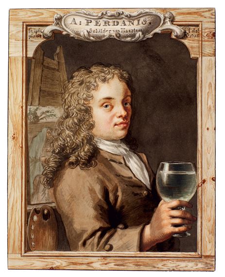 Portrait of Abraham Perdanis holding a glass of wine, in a drawn frame by Tako Hajo Jelgersma, 1736