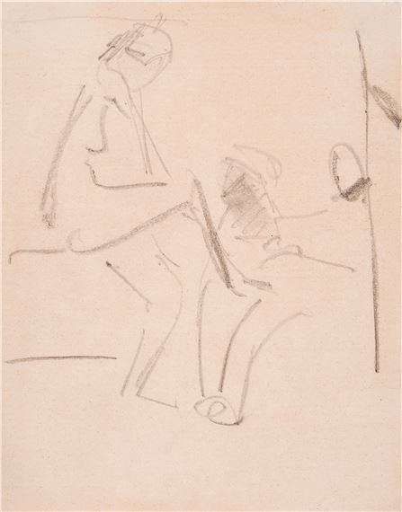 In der Garderobe (Mädchenakt und Sitzender). by Ernst Ludwig Kirchner, 1910/1911