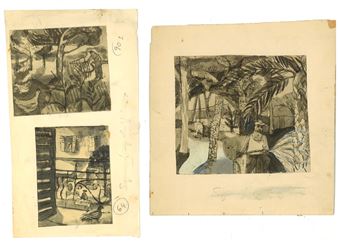 Figure watering Palm Trees in a Continental Park - Anne Gould