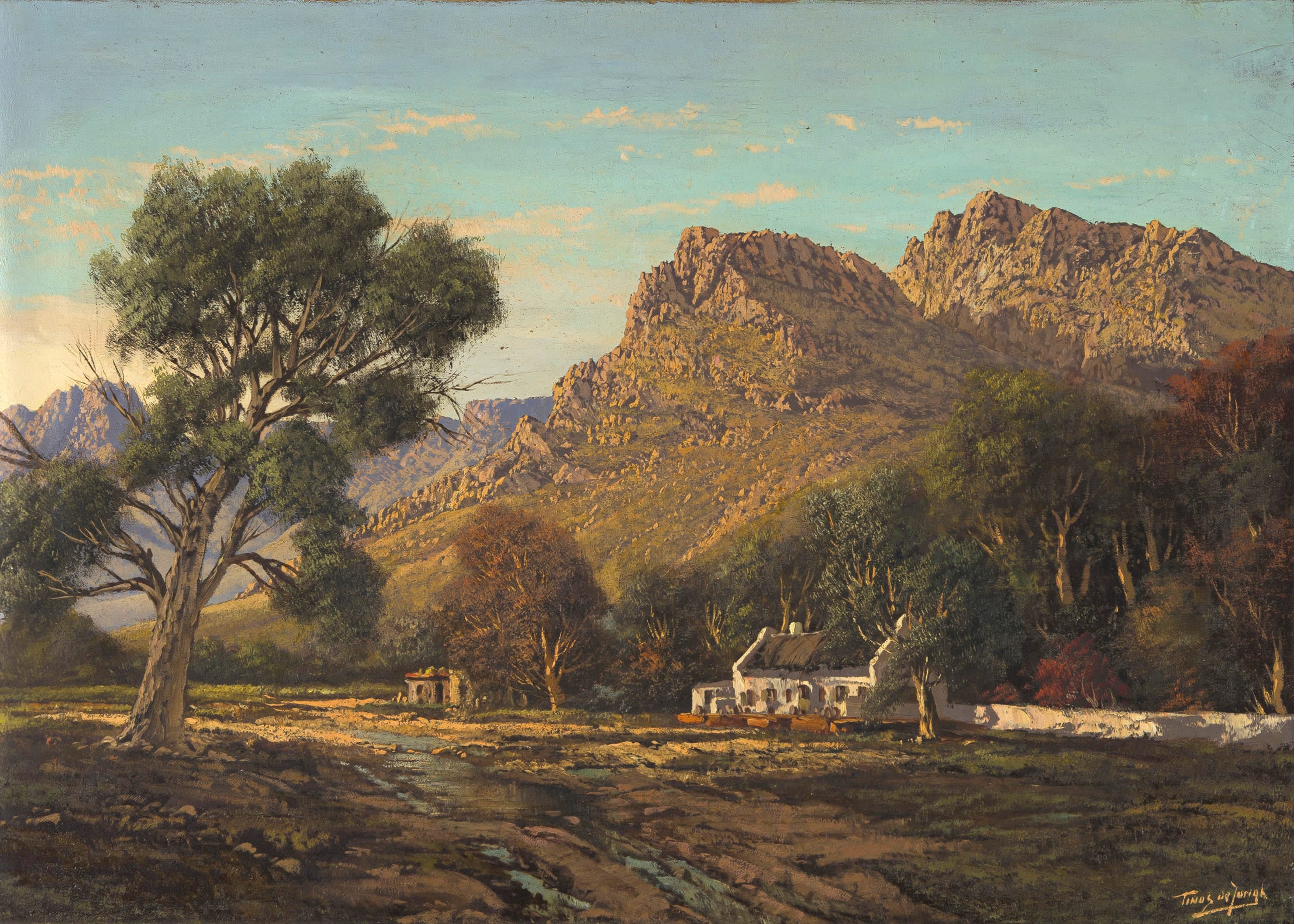 Cottage, Mountains and Trees in a Landscape by Tinus‏ de Jongh