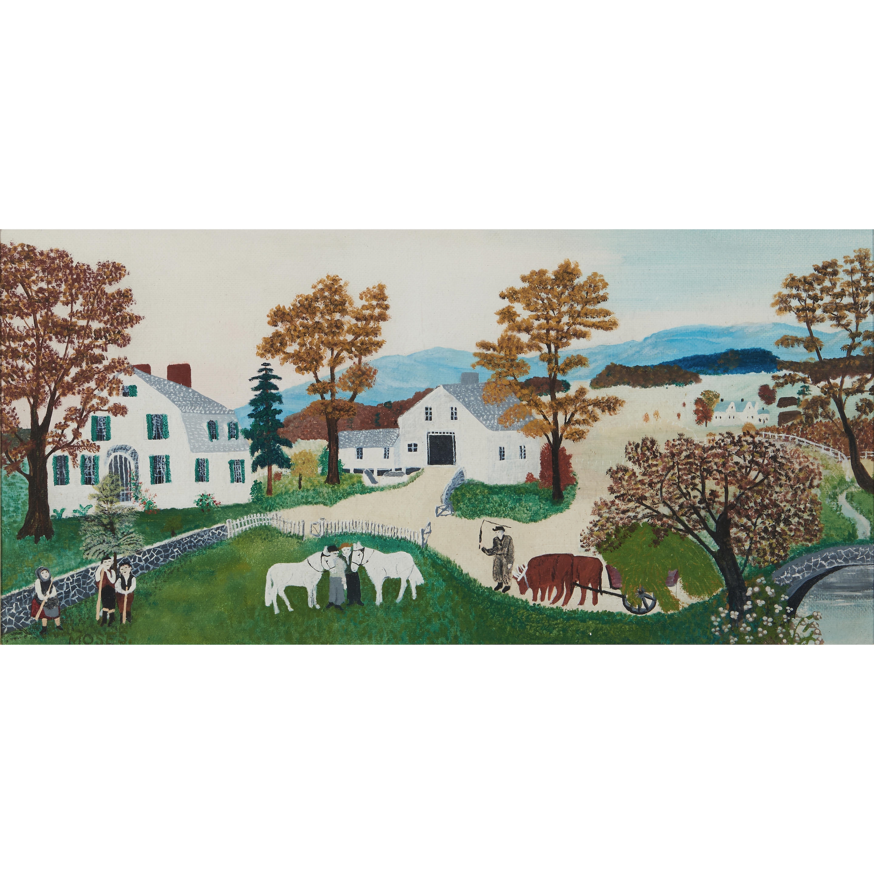 Artwork by Grandma Moses, Farm in Autumn, Made of oil on Masonite