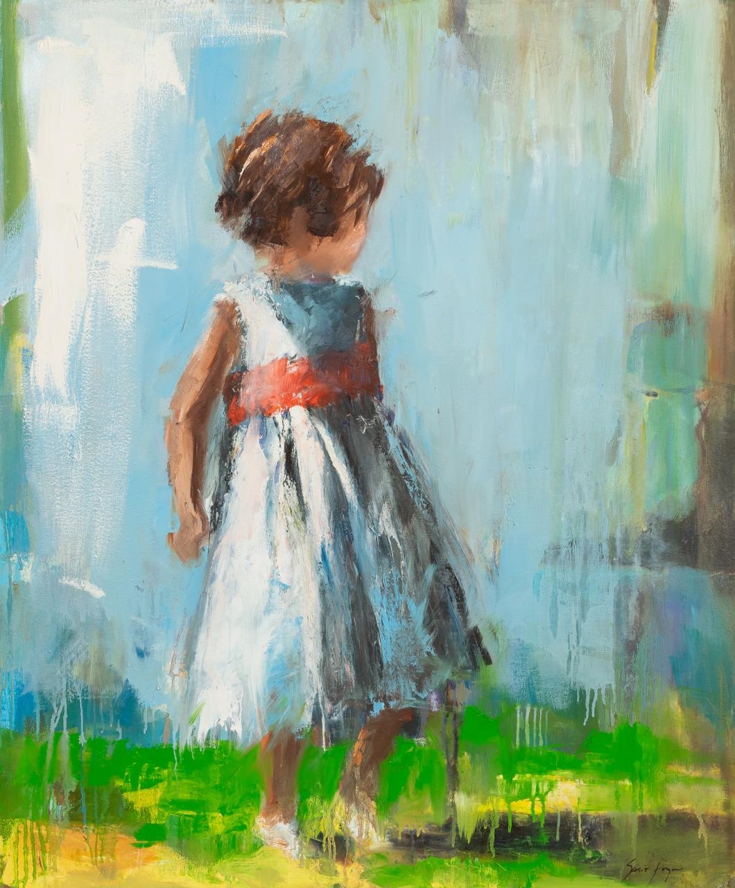 Artwork by Susie Pryor, SUSIE PRYOR "RED SASH" CHILD IN WHITE DRESS O/C, Made of O/C