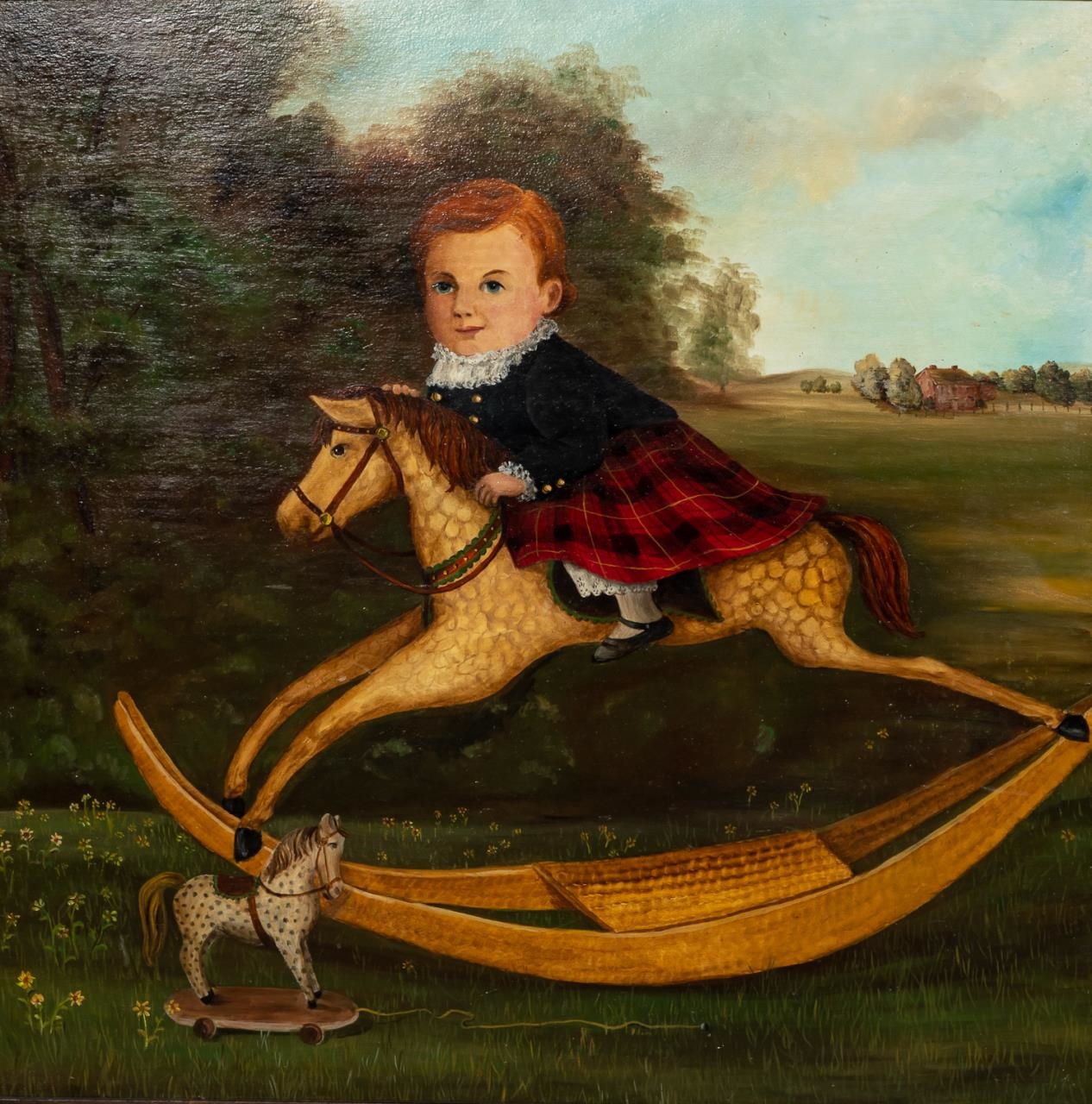 Robert Stuart FOLK ART OIL BOY WEARING KILT ON ROCKING HORSE MutualArt