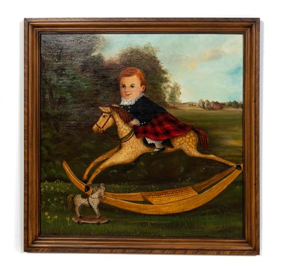 Robert Stuart FOLK ART OIL BOY WEARING KILT ON ROCKING HORSE MutualArt
