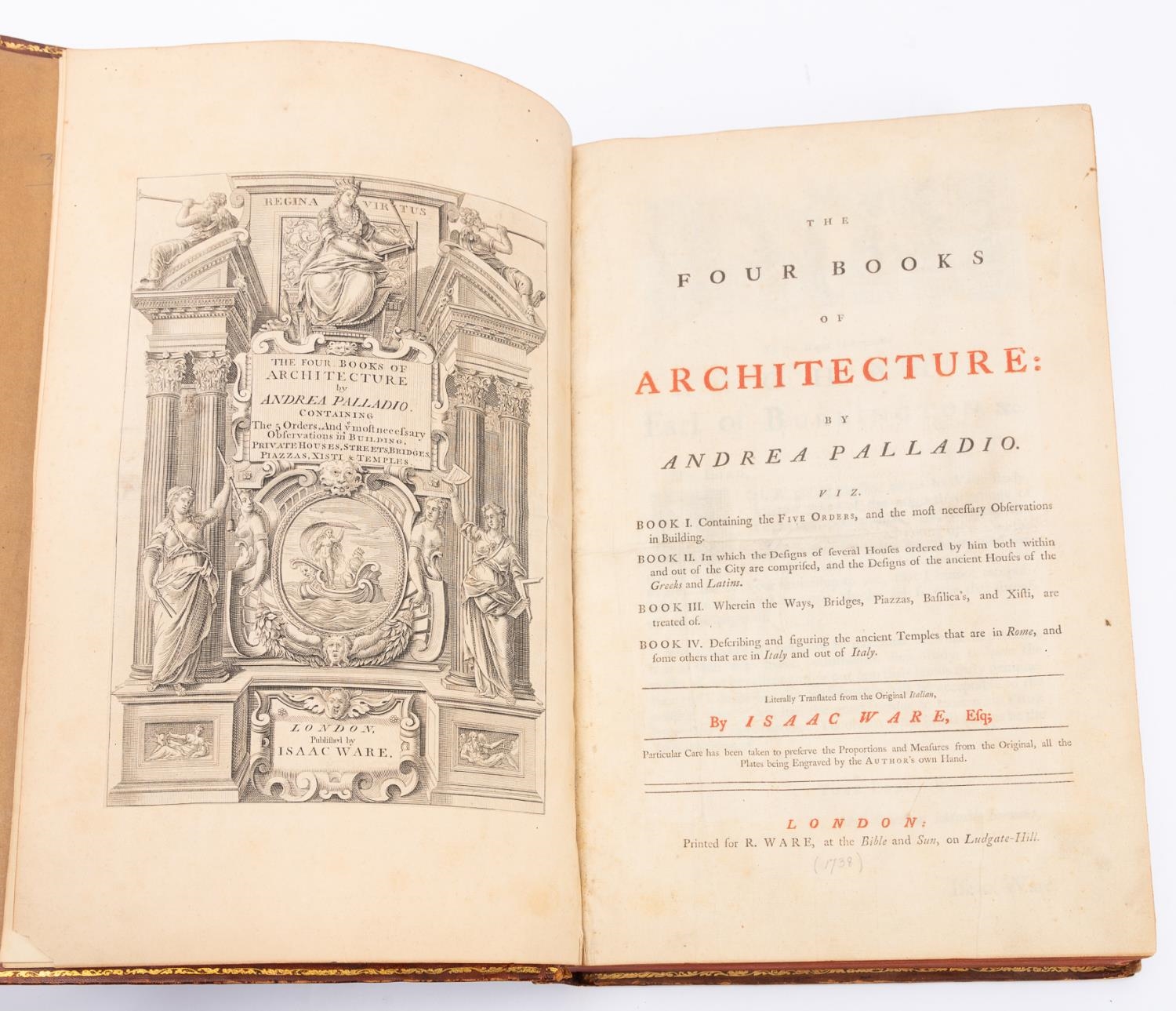 Artwork by Andrea Palladio, A. PALLADIO, 2 VOLS. OF 4 BOOKS OF ARCHITECTURE, Made of leather bound