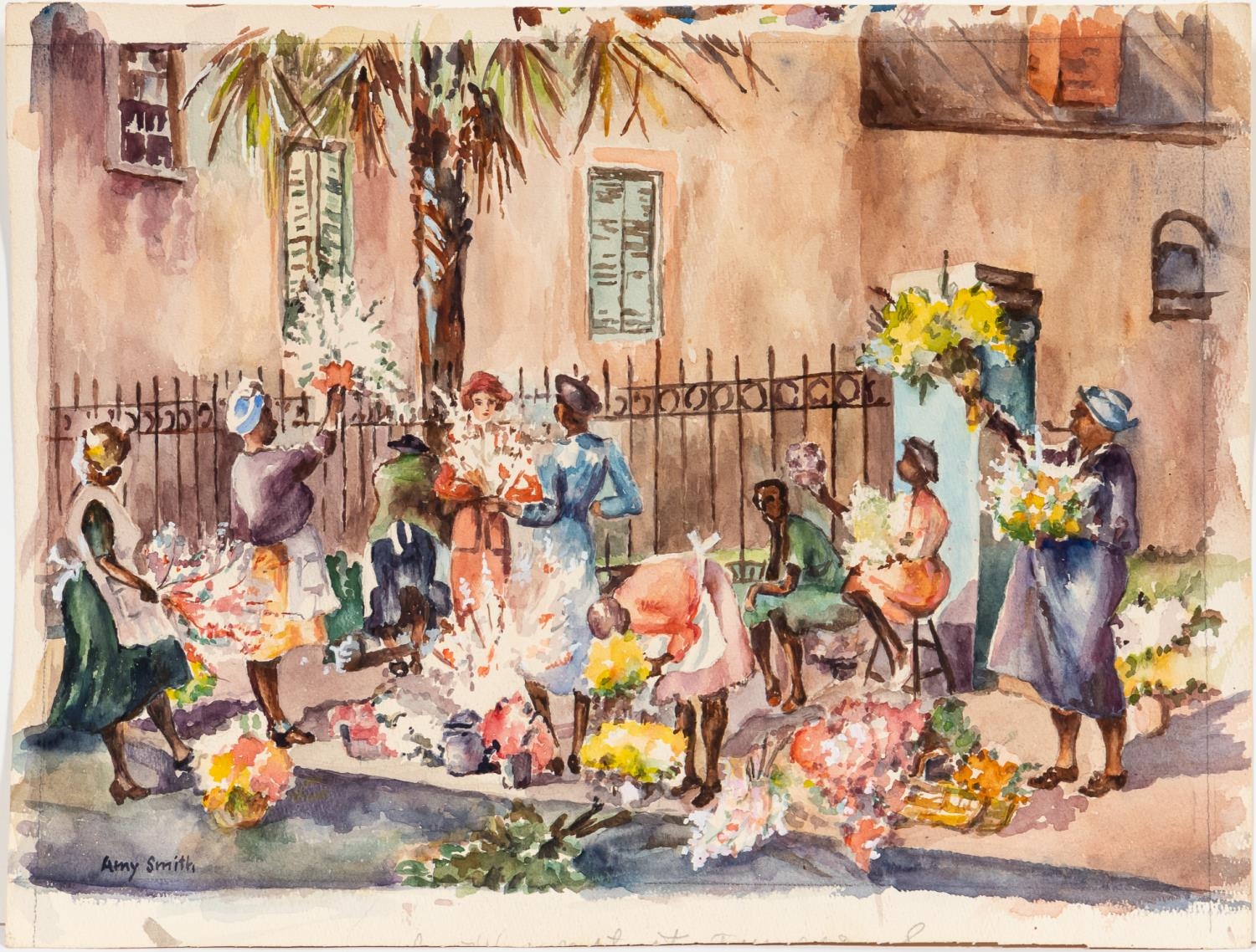 Artwork by Amy Smith, AMY SMITH, CHARLESTON FLOWER VENDORS, WATERCOLOR, Made of watercolor on paper