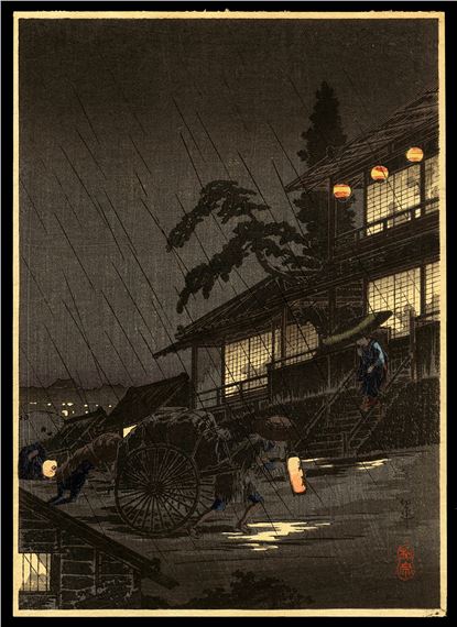 Shotei Hiroaki - Teahouse in Rainy Night at Kiridoshi