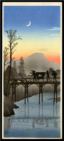 Shotei Hiroaki - Evening Glow at Sakawa Bridge by Takahashi Shōtei, 1930