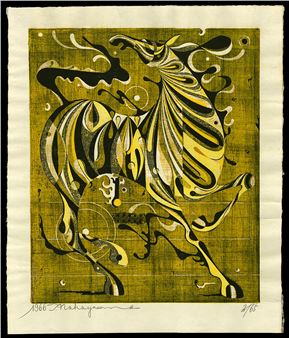 A dynamic woodcut print of a rearing horse in bold yellow and black against a textured green background.
