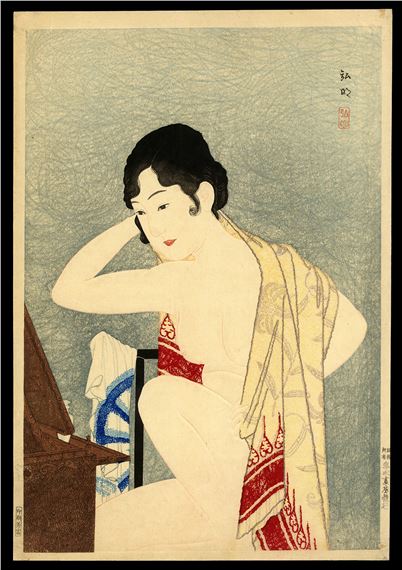 Shotei Hiroaki - Make-up Before the Mirror by Takahashi Shtei, 1927