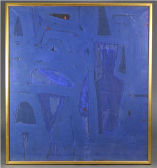 HUNG RANNOU (b. 1955). A large abstract study in blue. Inscribed verso; oil on canvas: 39” x 35”. (Ex. Laire Du Verseau - Hung Rannou