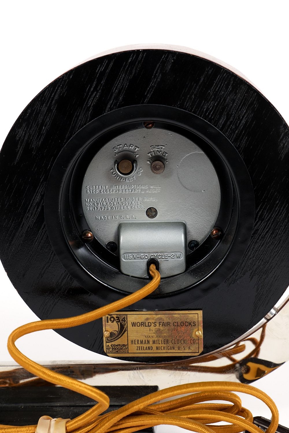 Herman Miller 1934 World's Fair Clocks brass label affixed to reverse