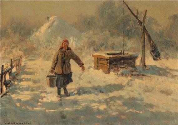 PEJZAŻ ZIMOWY Z DZIEWCZYNĄ NIOSĄCĄ WODĘ by Wiktor Korecki