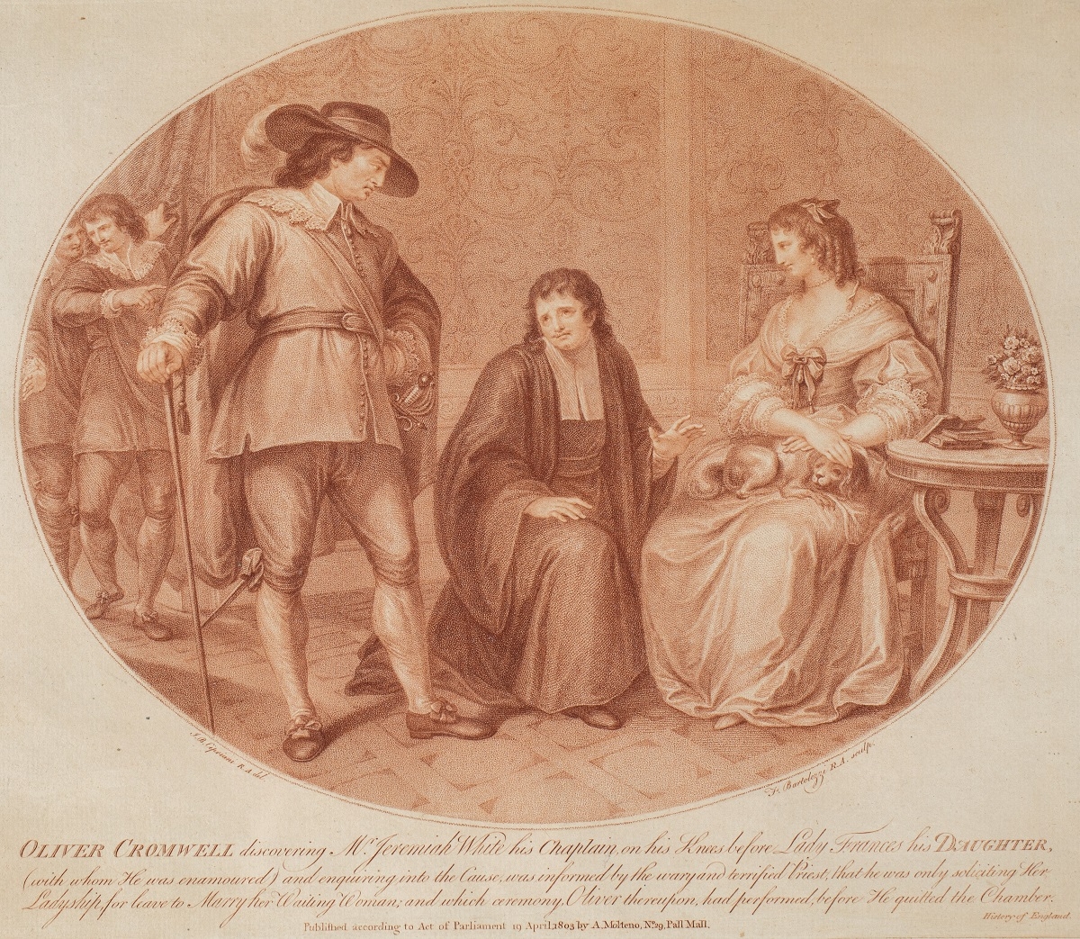 OLIWER CROMWELL ZASTAJE KAPELANA JEREMIASZA WHITE'A KLĘCZĄCEGO PRZED SWOJĄ CÓRKĄ, 1803 by Francesco Bartolozzi
