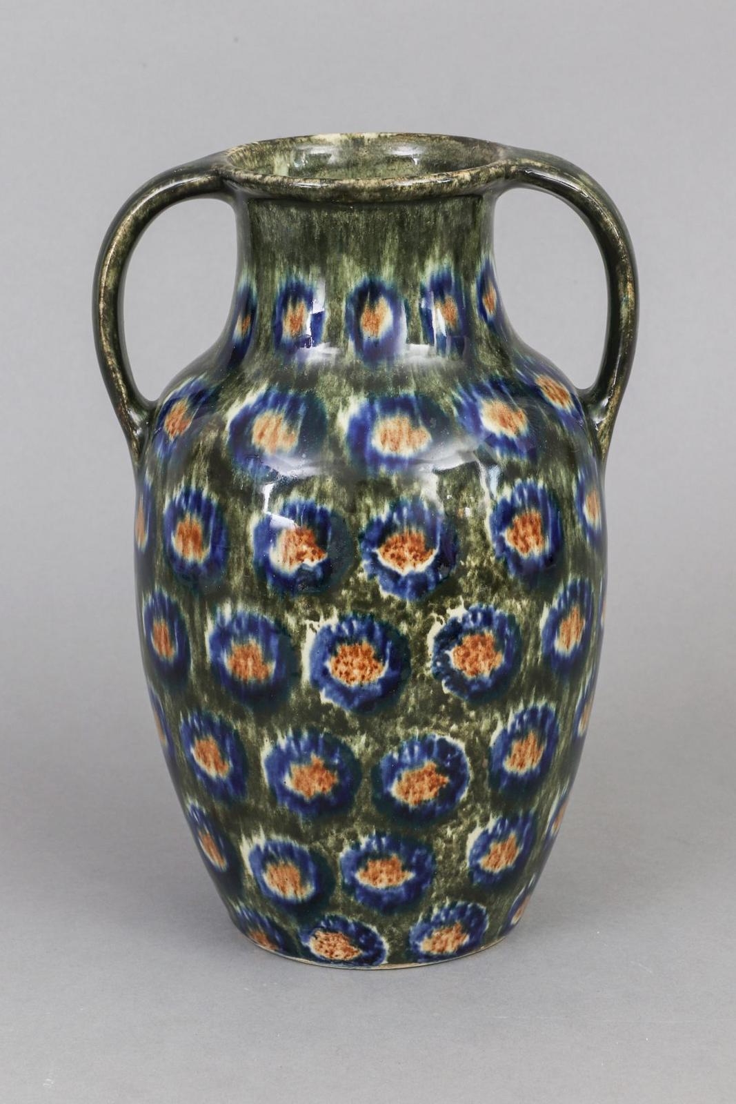 Artwork by Friedrich Festersen, Vase, Made of Ceramic - Amphora shape with handles on the side, all-over polychrome ''peacock'' decoration