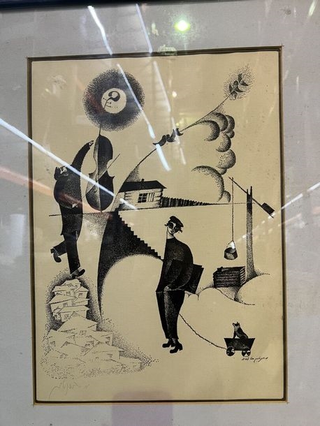 Moshe Bernstein | Lot of two drawings : Cellist Ink on paper signed in ...