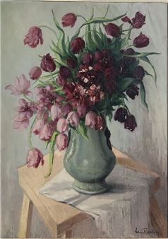 Bouquet of tulips in a green vase Oil on cardboard - Lucien Rozenberg