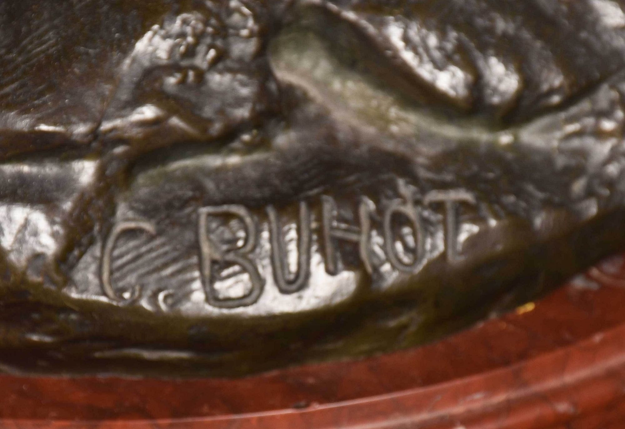 Artwork by Louis Charles Hippolyte Buhot, signed on naturalistic base "C, Made of patinated bronze