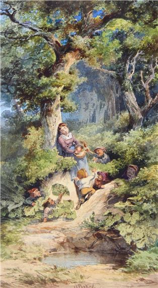 Junge Frau, an Baum angelehnt schlafend mit 6 Zwergen (Schneewittchen?)