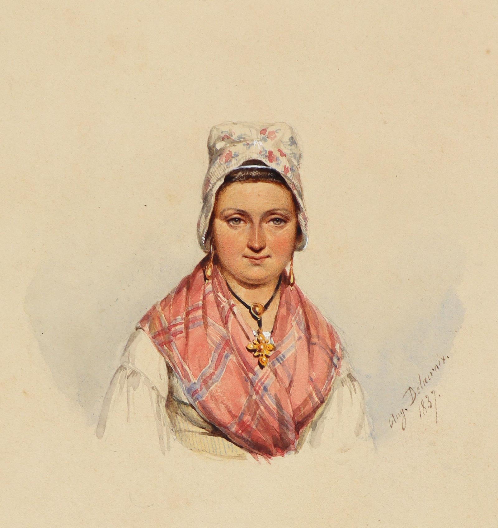 Auguste Delacroix | Portrait einer Frau mit weißer Haube (1837) | MutualArt