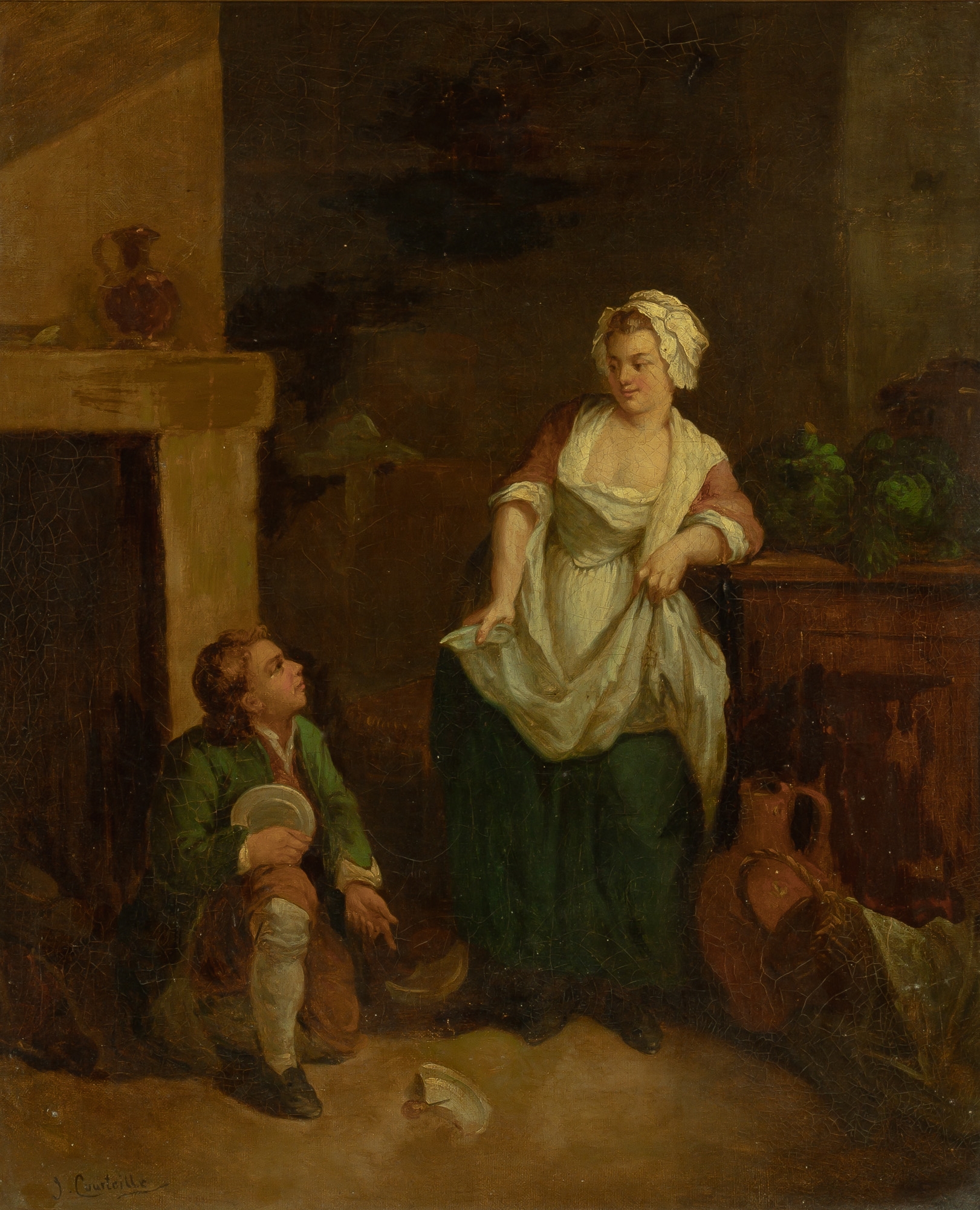 Artwork by J. Courteille, The Broken Dish, Made of Oil on canvas