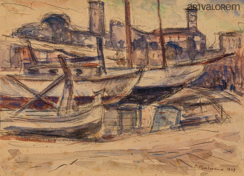 Artwork by Paul Froidevaux, Boats in the Harbor, 1949,, Made of watercolor