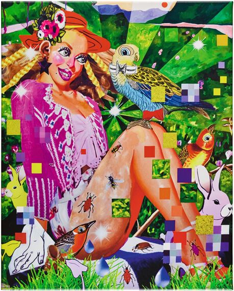A surreal pop-art portrait of a woman in a pink dress surrounded by birds, insects, and rabbits against a vibrant green background.