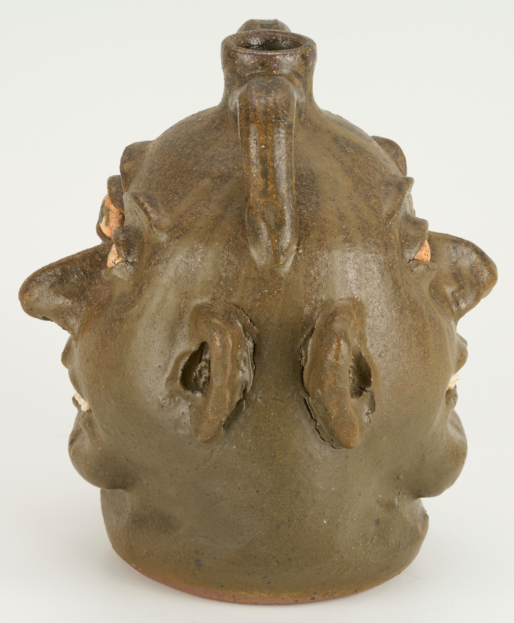 Artwork by Lanier Meaders, Lanier Meaders Folk Art Pottery Double Face Jug, Made of green matte glaze with