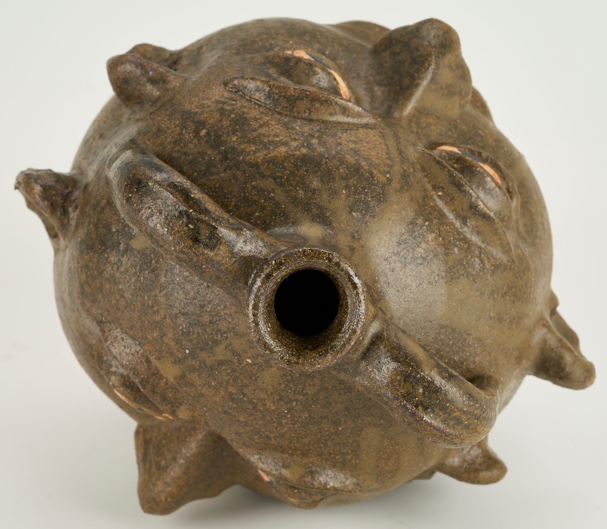 Artwork by Lanier Meaders, Lanier Meaders Folk Art Pottery Double Face Jug, Made of green matte glaze with