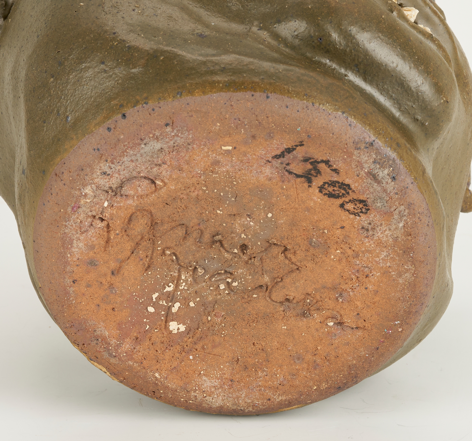 Artwork by Lanier Meaders, Lanier Meaders Folk Art Pottery Double Face Jug, Made of green matte glaze with