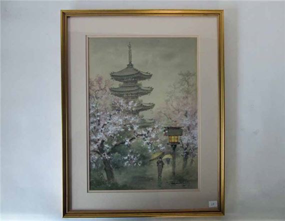 a temple and figure by Manjiro Terauchi