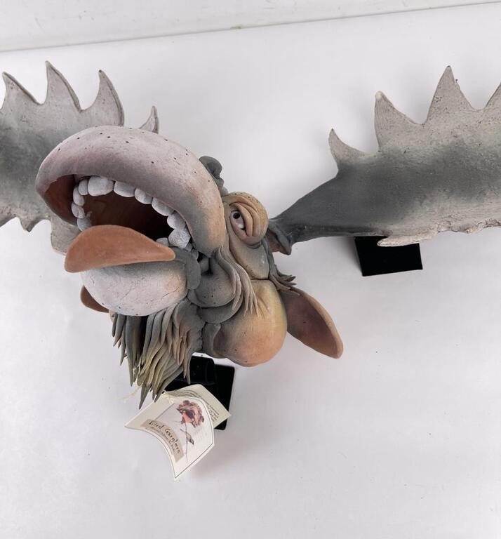 Artwork by Douglas Fey, Douglas Fey Pottery Bird Gargler House Moose, Made of earthenware